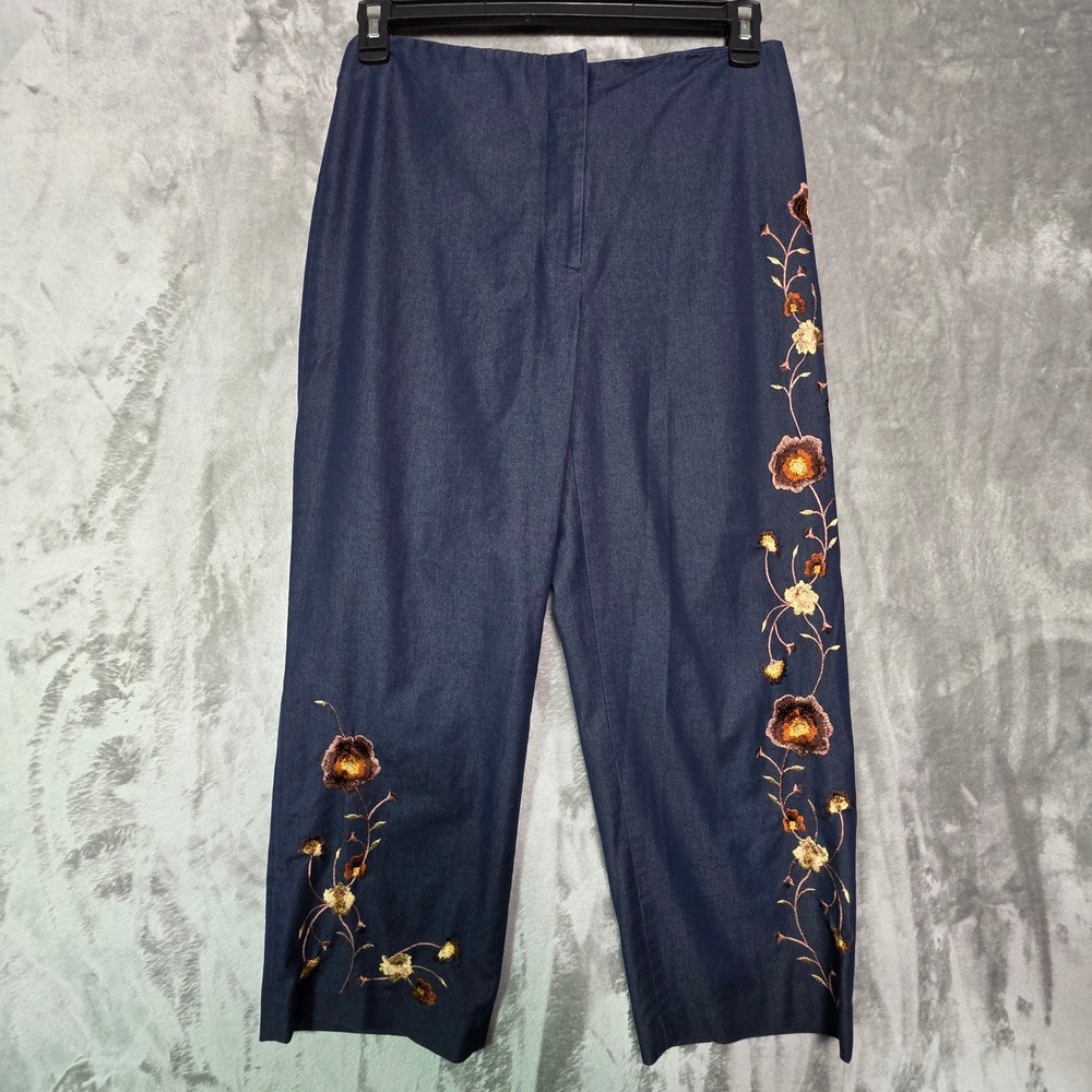Rafaella Womens Floral Embroidered Denim Pants Dark Wash Straight Leg Size 8